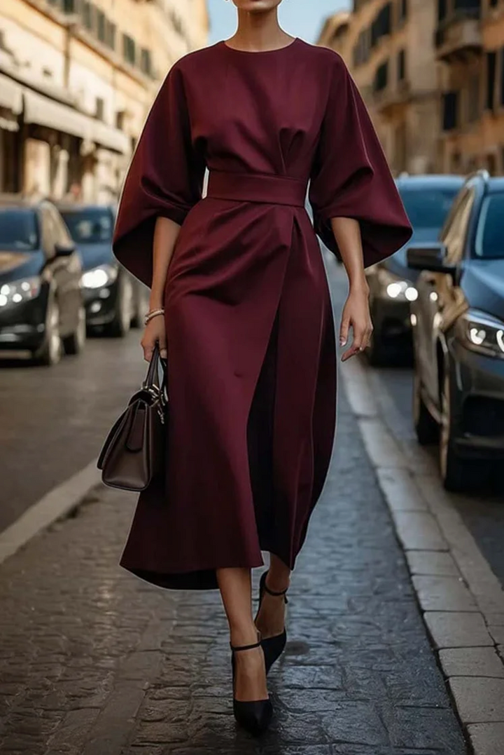 Belted Midi Dress with Lantern Sleeves for Women