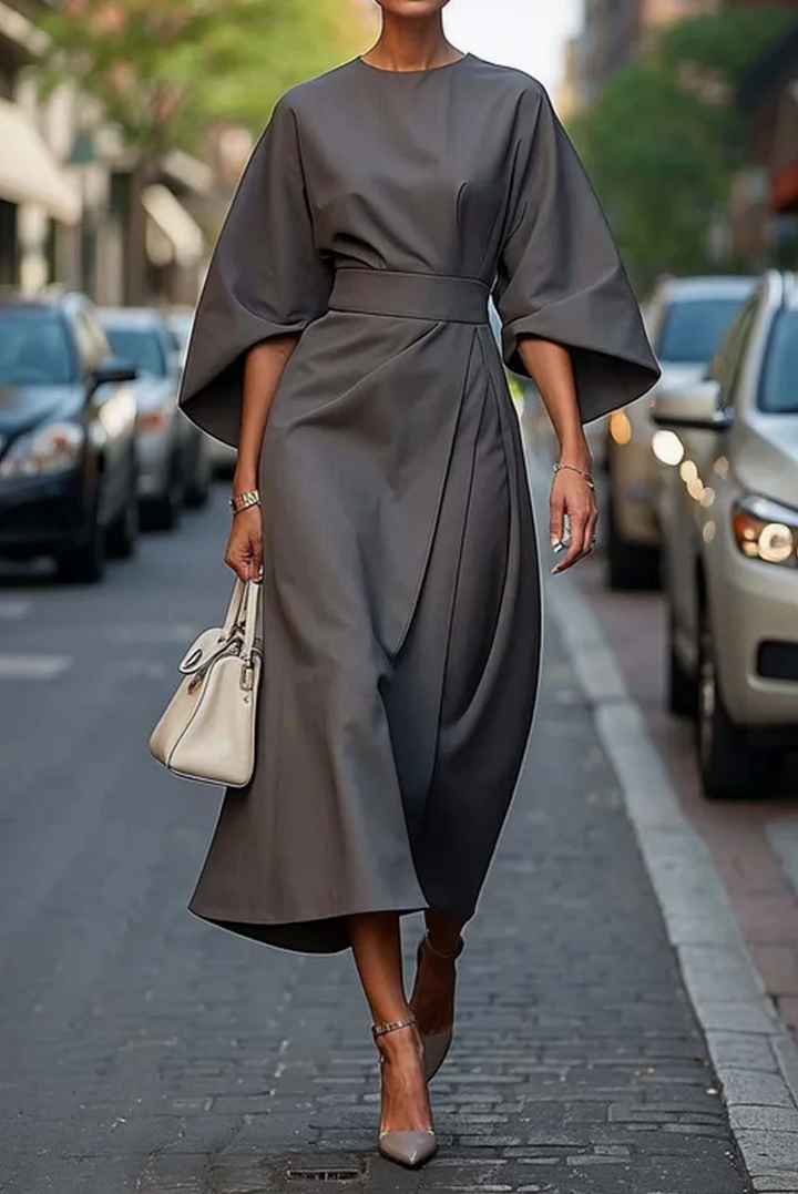 Belted Midi Dress with Lantern Sleeves for Women