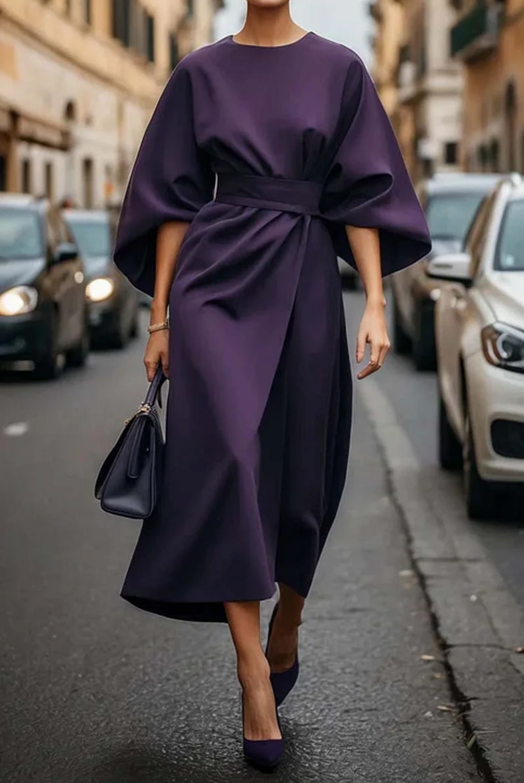 Belted Midi Dress with Lantern Sleeves for Women