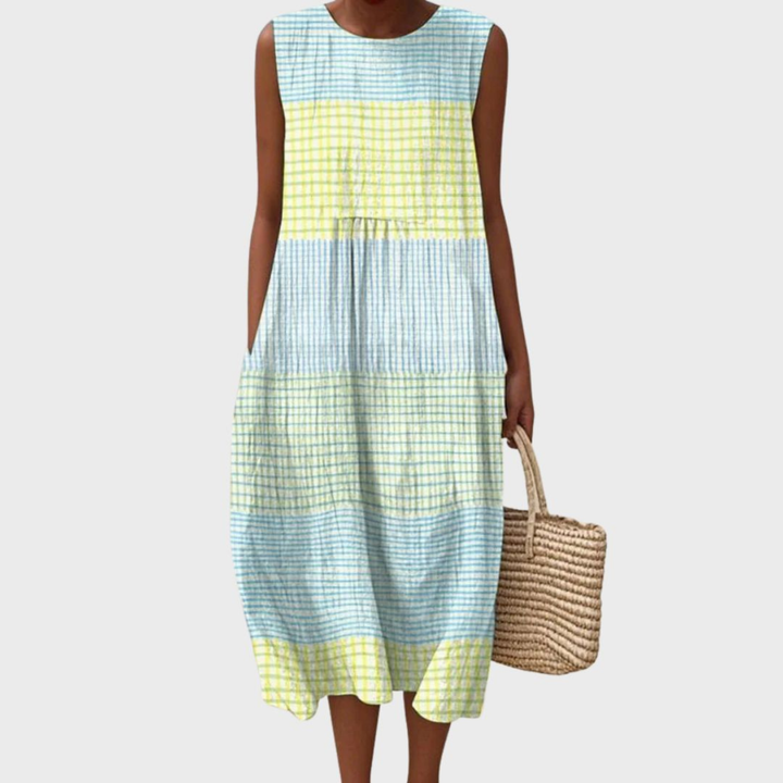 Women's Blue Check Linen Midi Dress - photo 1