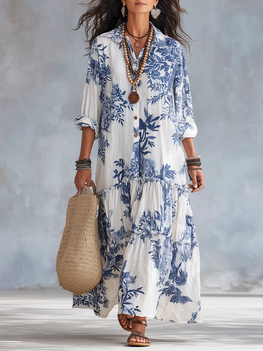 Women's Blue Floral Button Through Maxi Dress - photo 1
