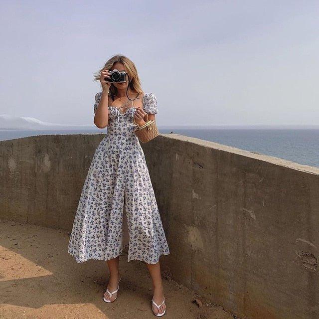 Holly - Women's Blue Floral Wedding Guest Midi Dress