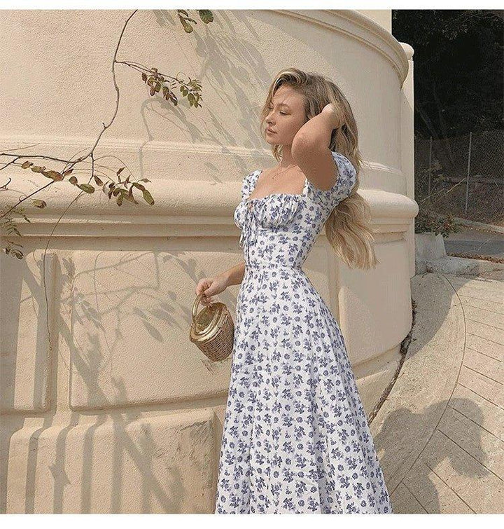 Holly - Women's Blue Floral Wedding Guest Midi Dress