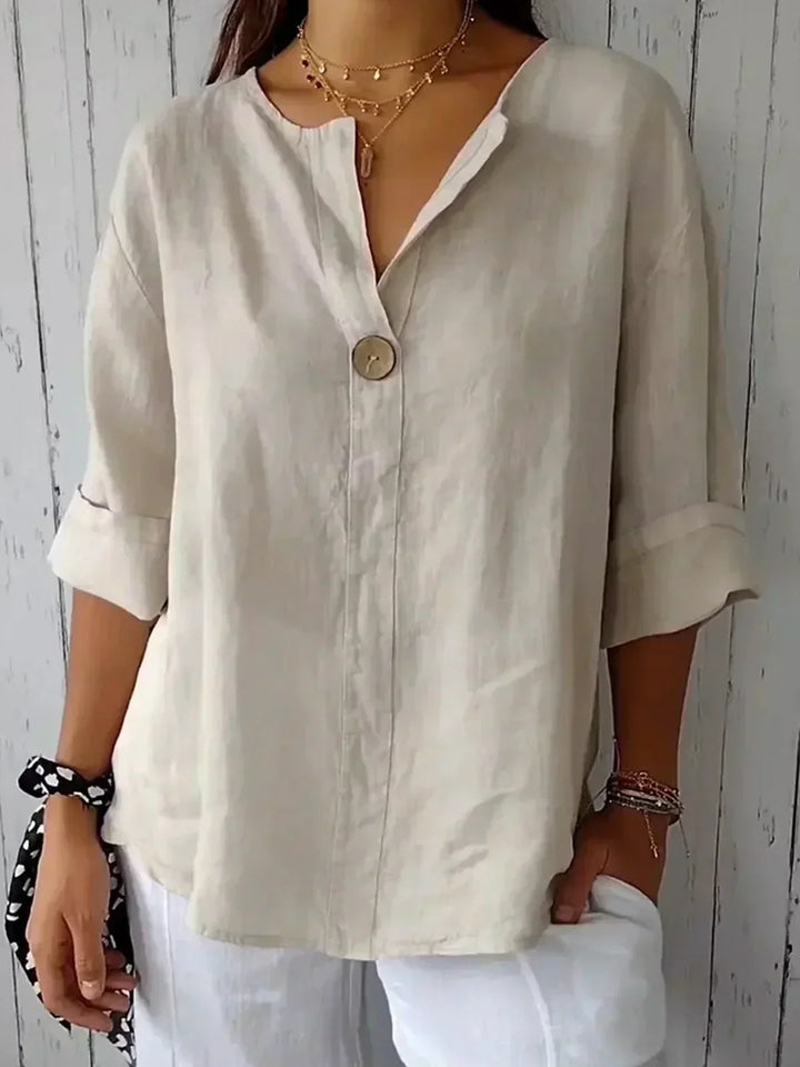 Women's Button-Front Linen Blouse with Three-Quarter Sleeves
