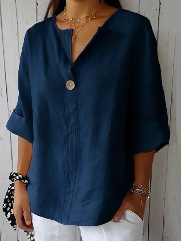 Women's Button-Front Linen Blouse with Three-Quarter Sleeves
