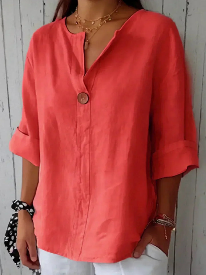 Women's Button-Front Linen Blouse with Three-Quarter Sleeves