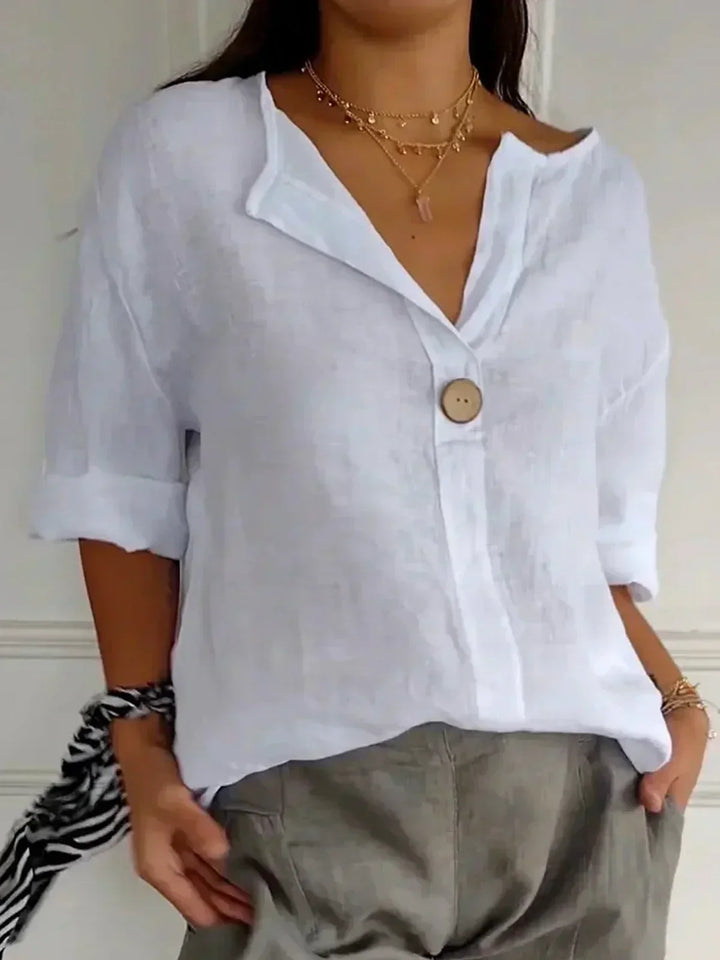 Women's Button-Front Linen Blouse with Three-Quarter Sleeves