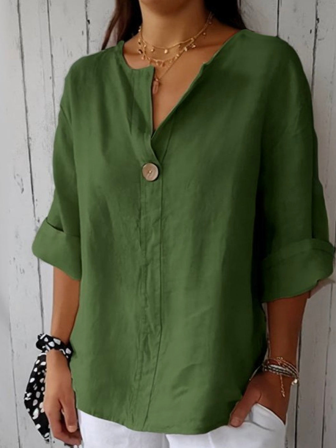 Women's Button-Front Linen Blouse with Three-Quarter Sleeves