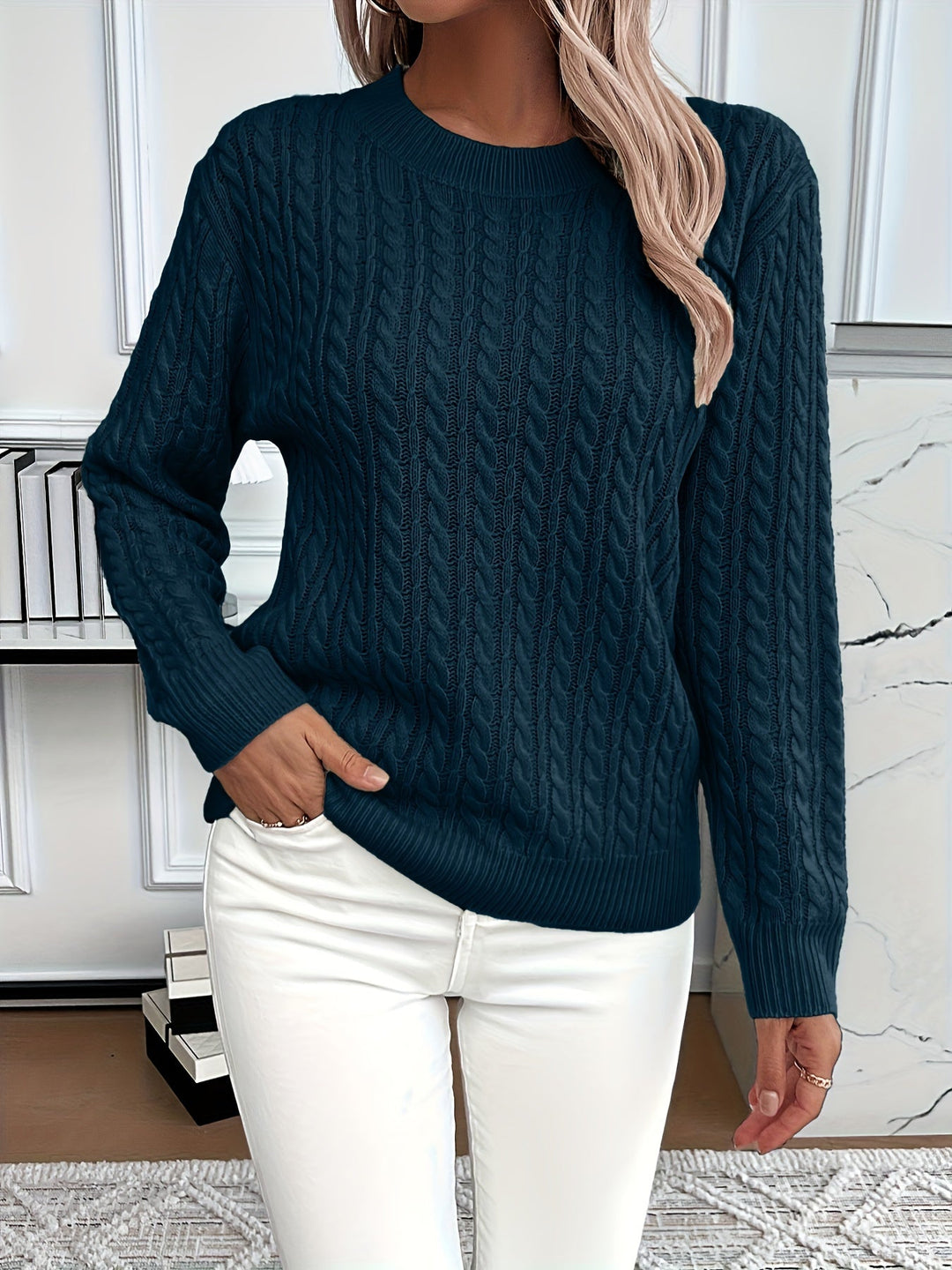 Women's Cable Knit Crew Neck Jumper - Navy