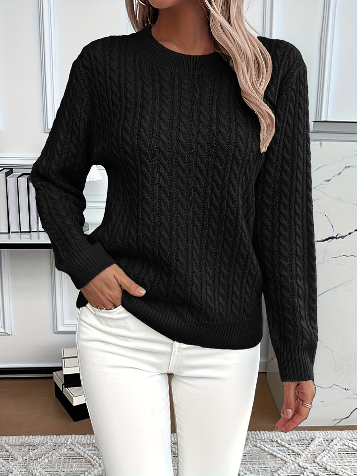 Women's Cable Knit Crew Neck Jumper - Black