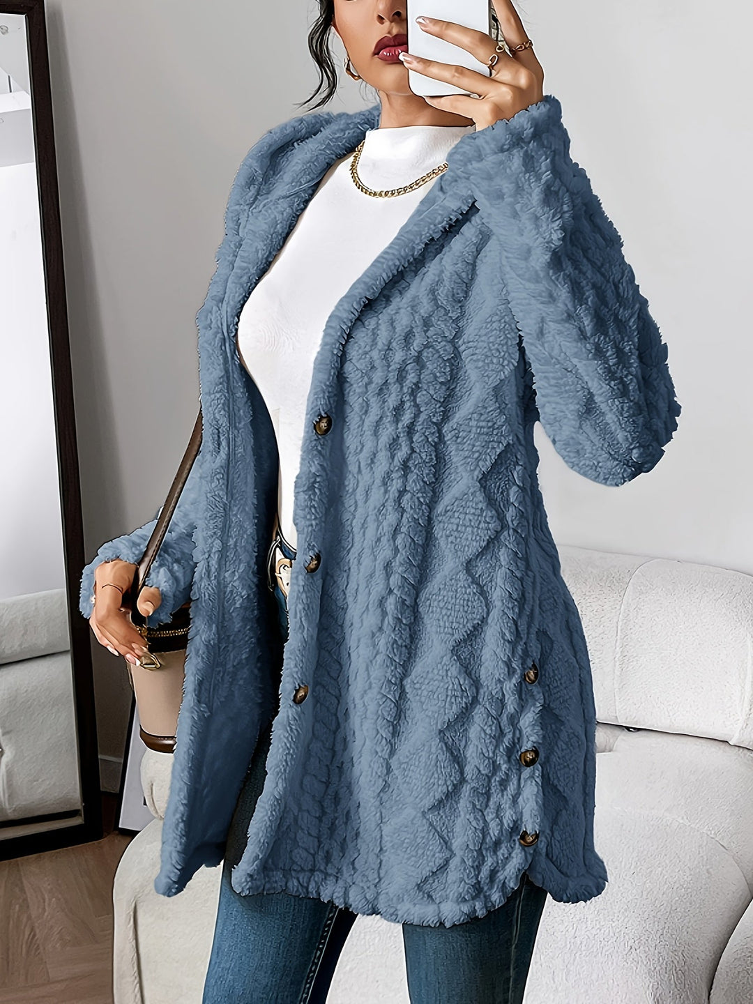 Women's Cable Knit Hooded Cardigan - Blue Grey