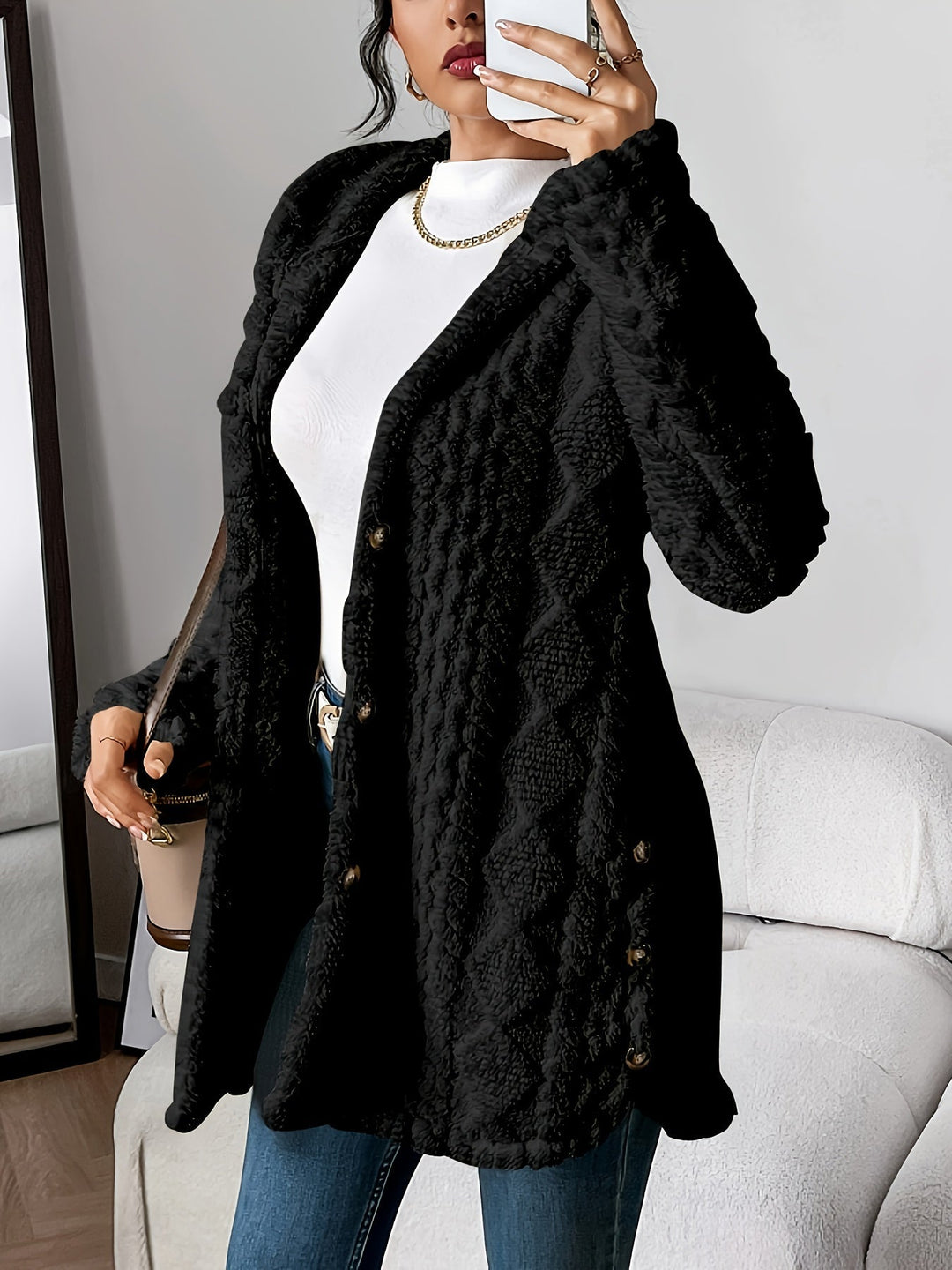 Women's Cable Knit Hooded Cardigan - Black