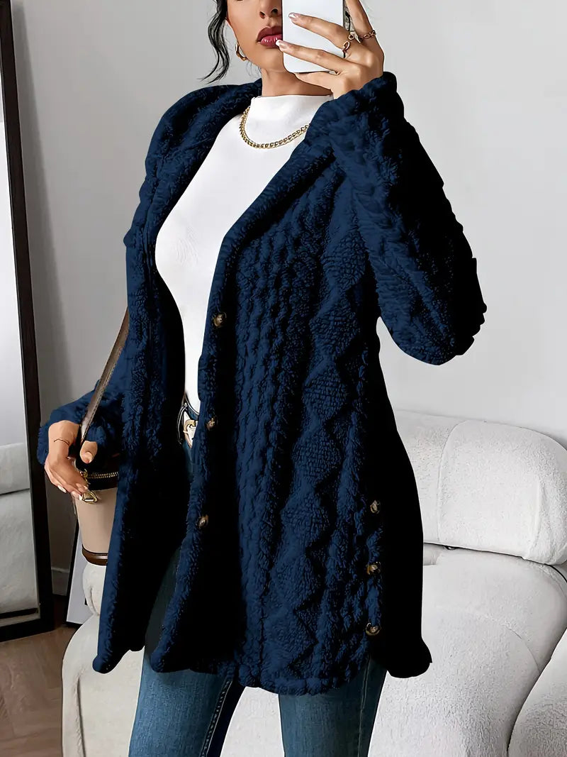 Women's Cable Knit Hooded Cardigan - Navy