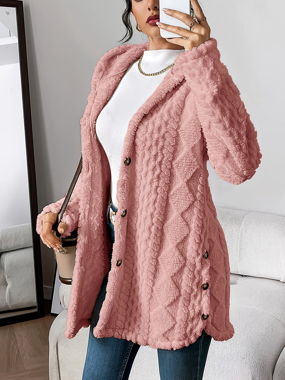 Women's Cable Knit Hooded Cardigan - Pink
