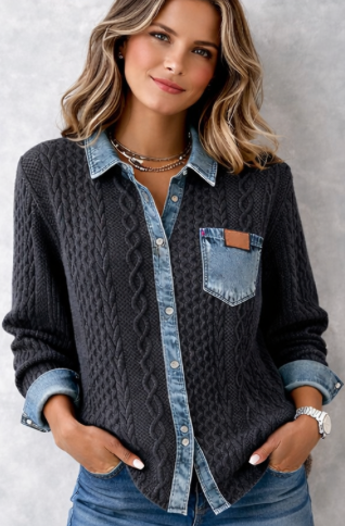 Women's Cable Knit Top with Denim Collar - photo 3