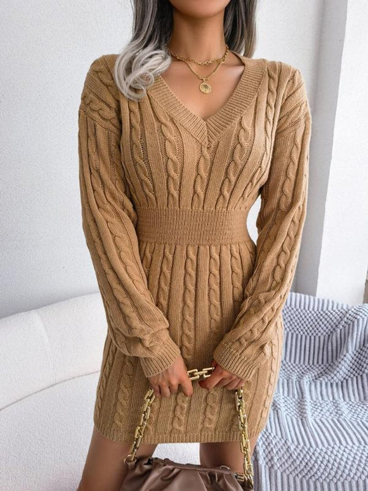 Women's Cable Knit Dress with Balloon Sleeves