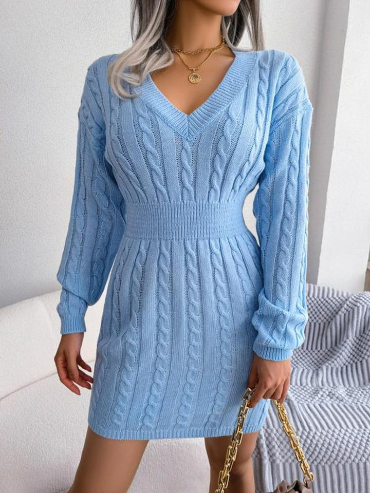 Women's Cable Knit Dress with Balloon Sleeves