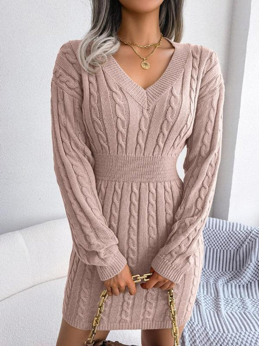 Women's Cable Knit Dress with Balloon Sleeves
