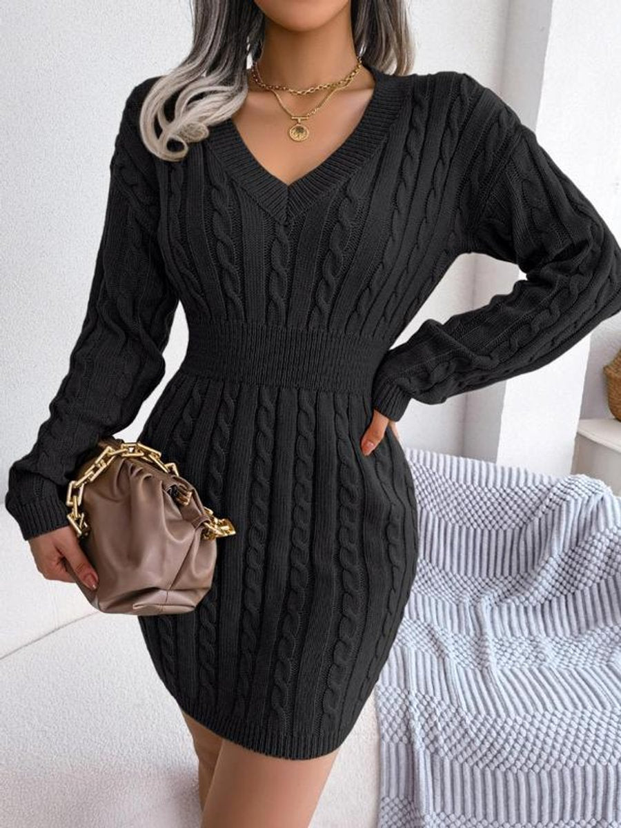 Women's Cable Knit Dress with Balloon Sleeves