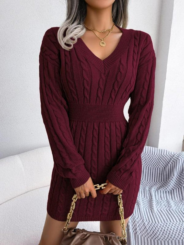 Women's Cable Knit Dress with Balloon Sleeves