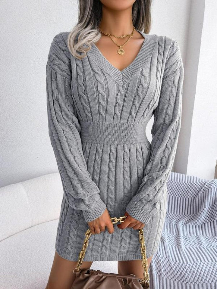 Women's Cable Knit Dress with Balloon Sleeves
