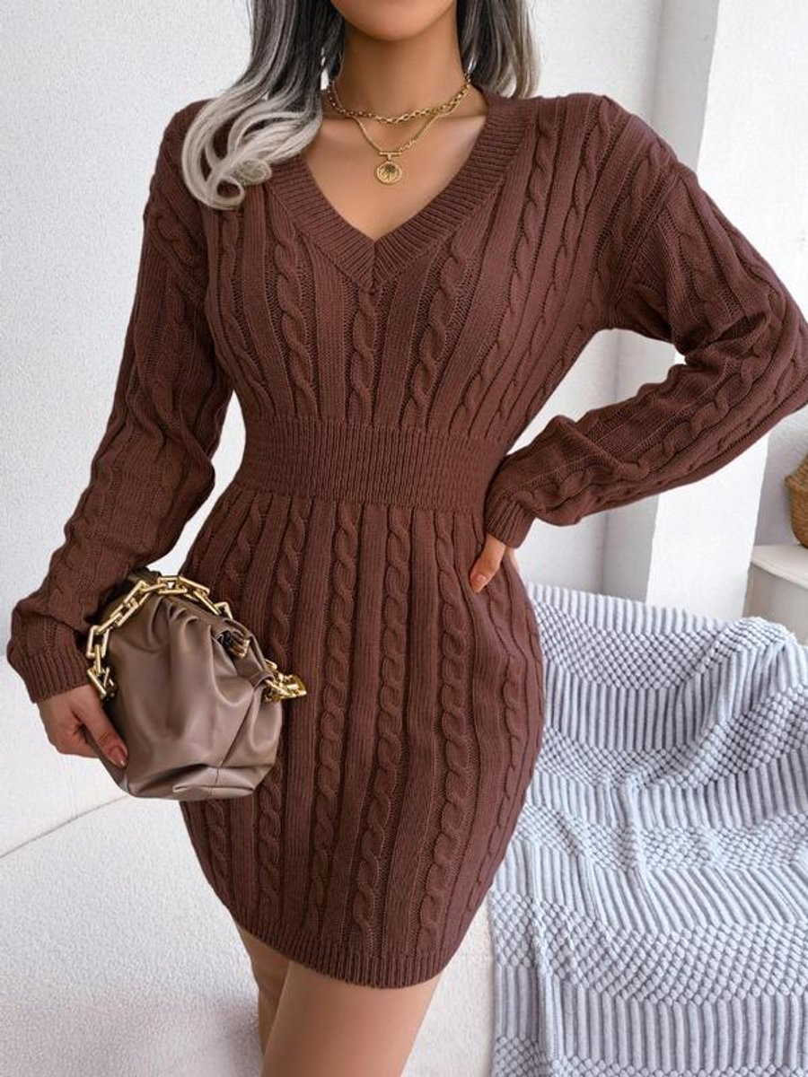 Women's Cable Knit Dress with Balloon Sleeves