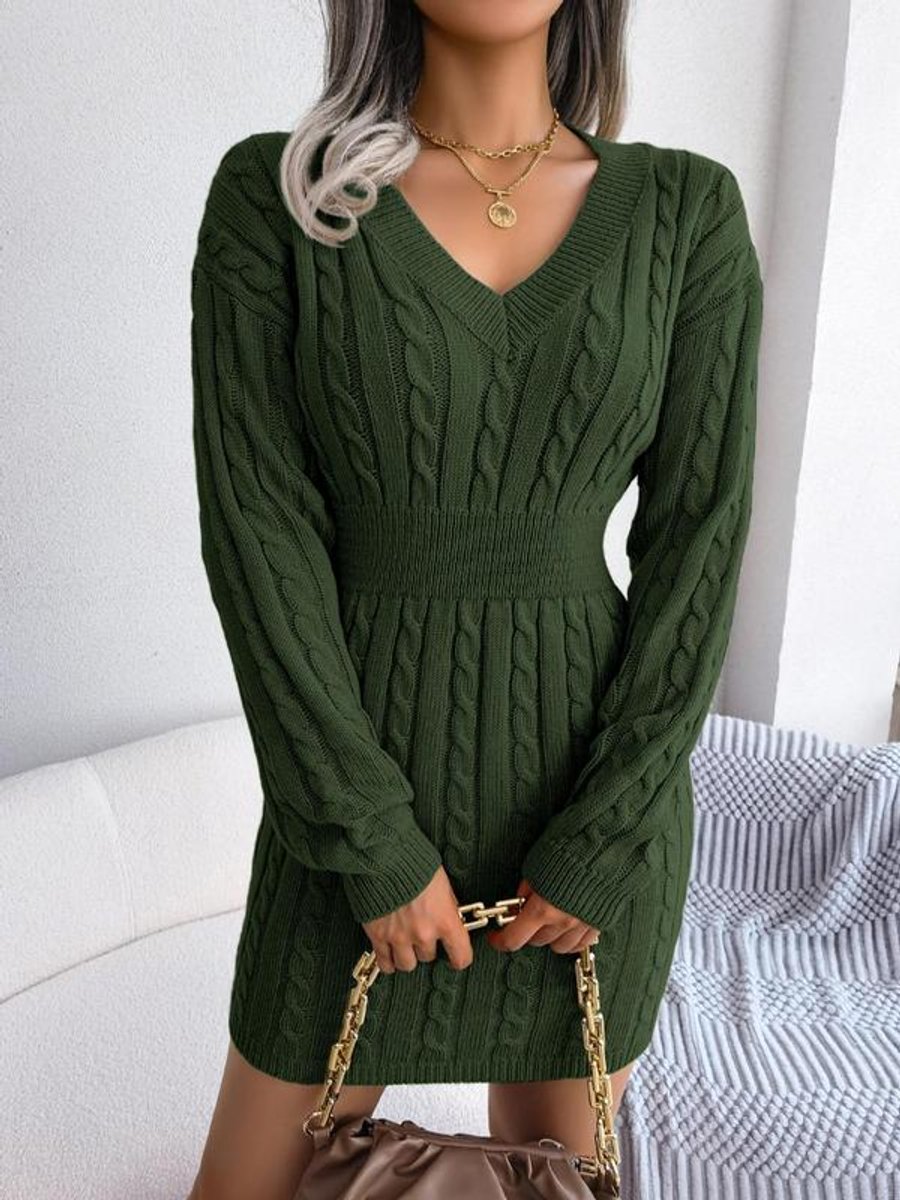 Women's Cable Knit Dress with Balloon Sleeves