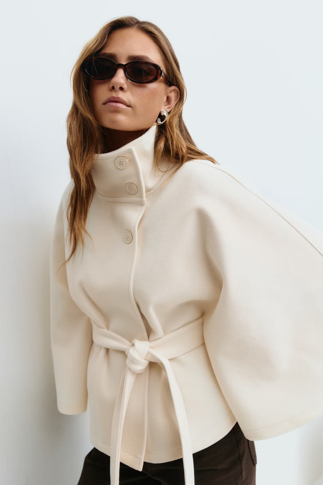 Women's Cape Coat with Stand Collar and Tie Belt - photo 1