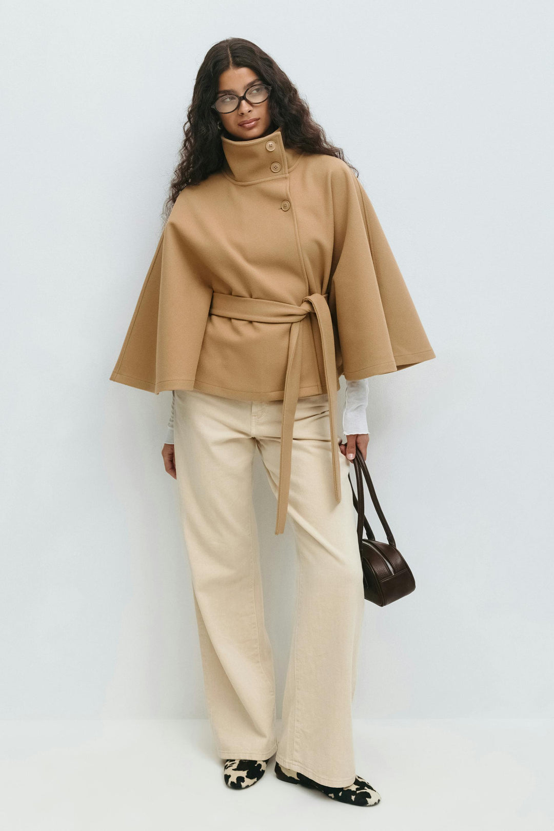 Women's Cape Coat with Stand Collar and Tie Belt - photo 10