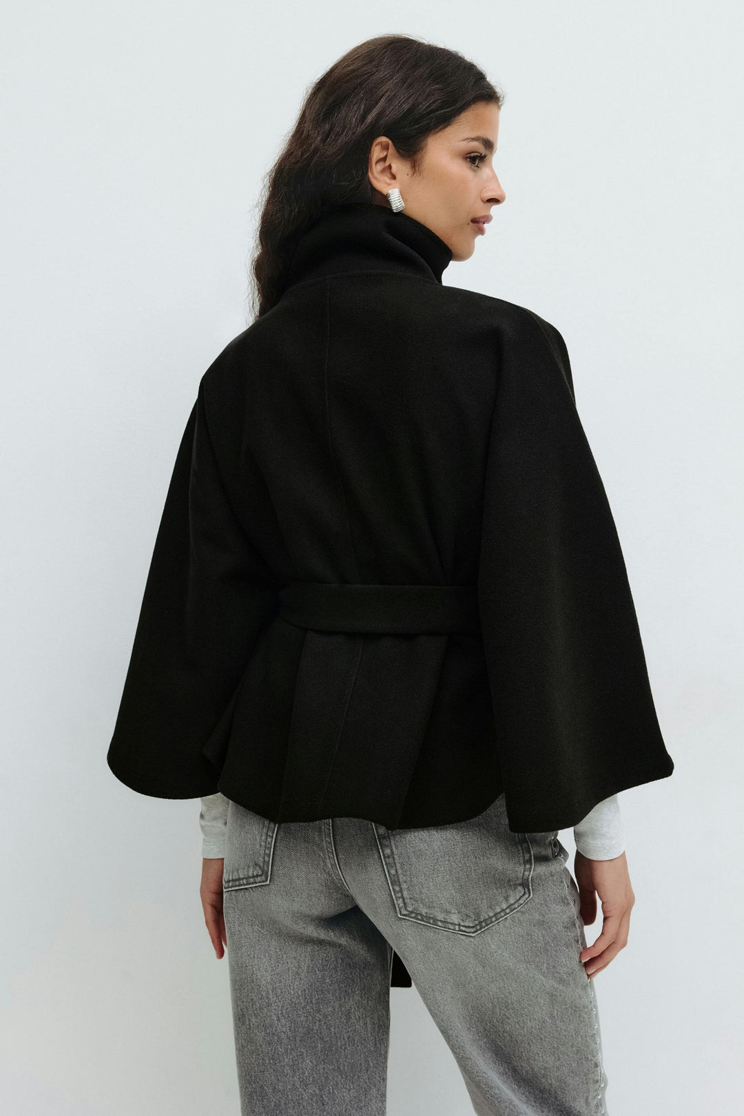 Women's Cape Coat with Stand Collar and Tie Belt - photo 12