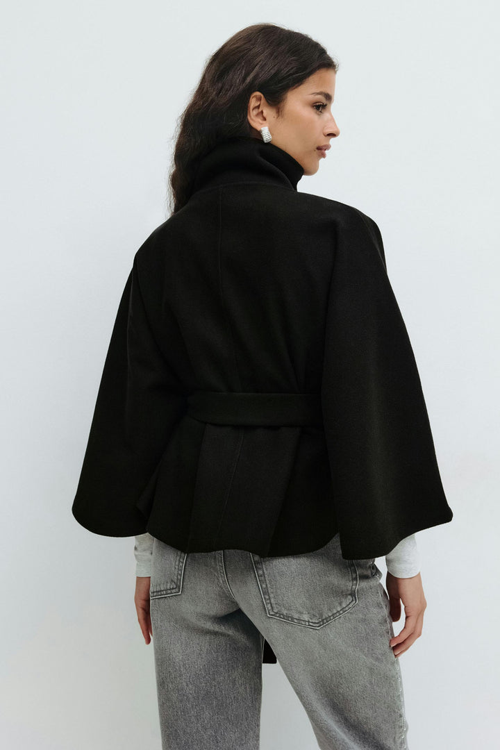 Women's Cape Coat with Stand Collar and Tie Belt - photo 12