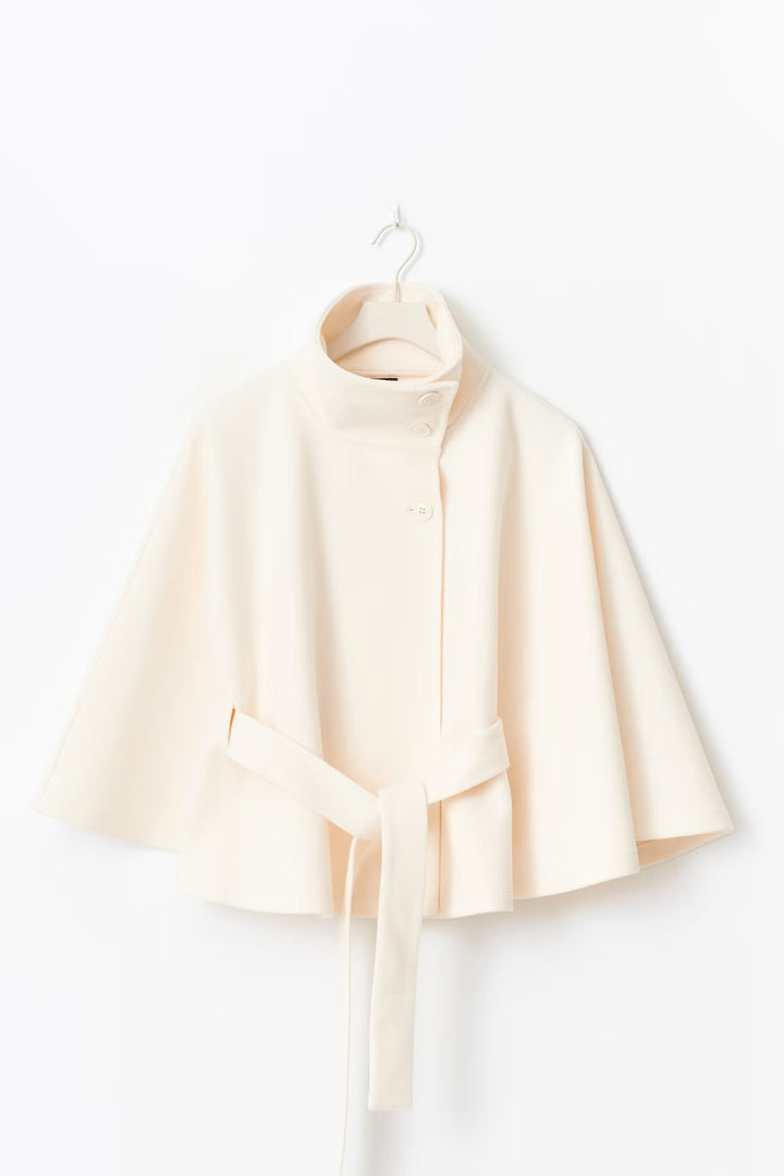 Women's Cape Coat with Stand Collar and Tie Belt - photo 2