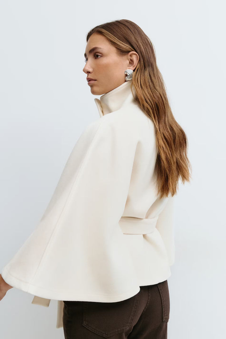 Women's Cape Coat with Stand Collar and Tie Belt - photo 3