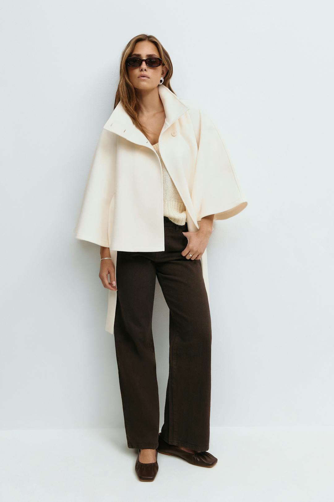 Women's Cape Coat with Stand Collar and Tie Belt - photo 4