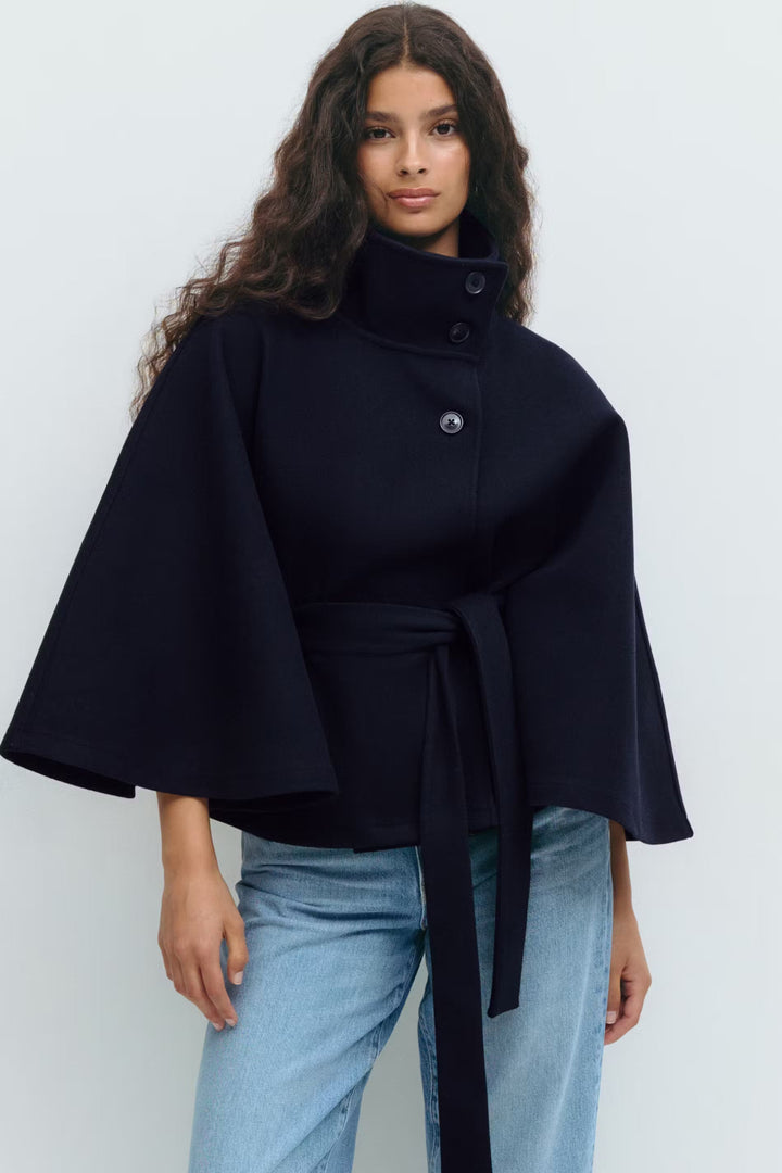 Women's Cape Coat with Stand Collar and Tie Belt - photo 5