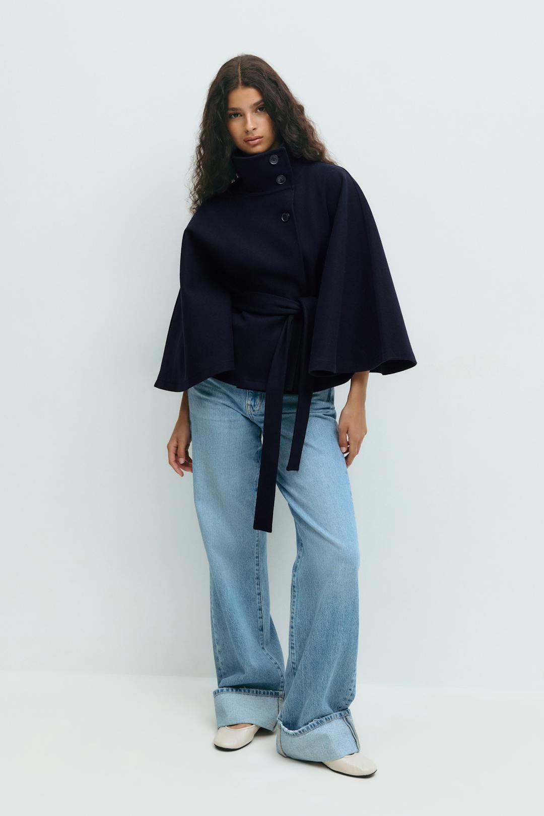 Women's Cape Coat with Stand Collar and Tie Belt - photo 7