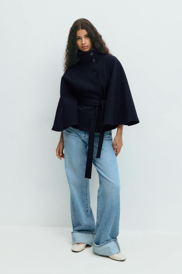 Women's Cape Coat with Stand Collar and Tie Belt - photo 7