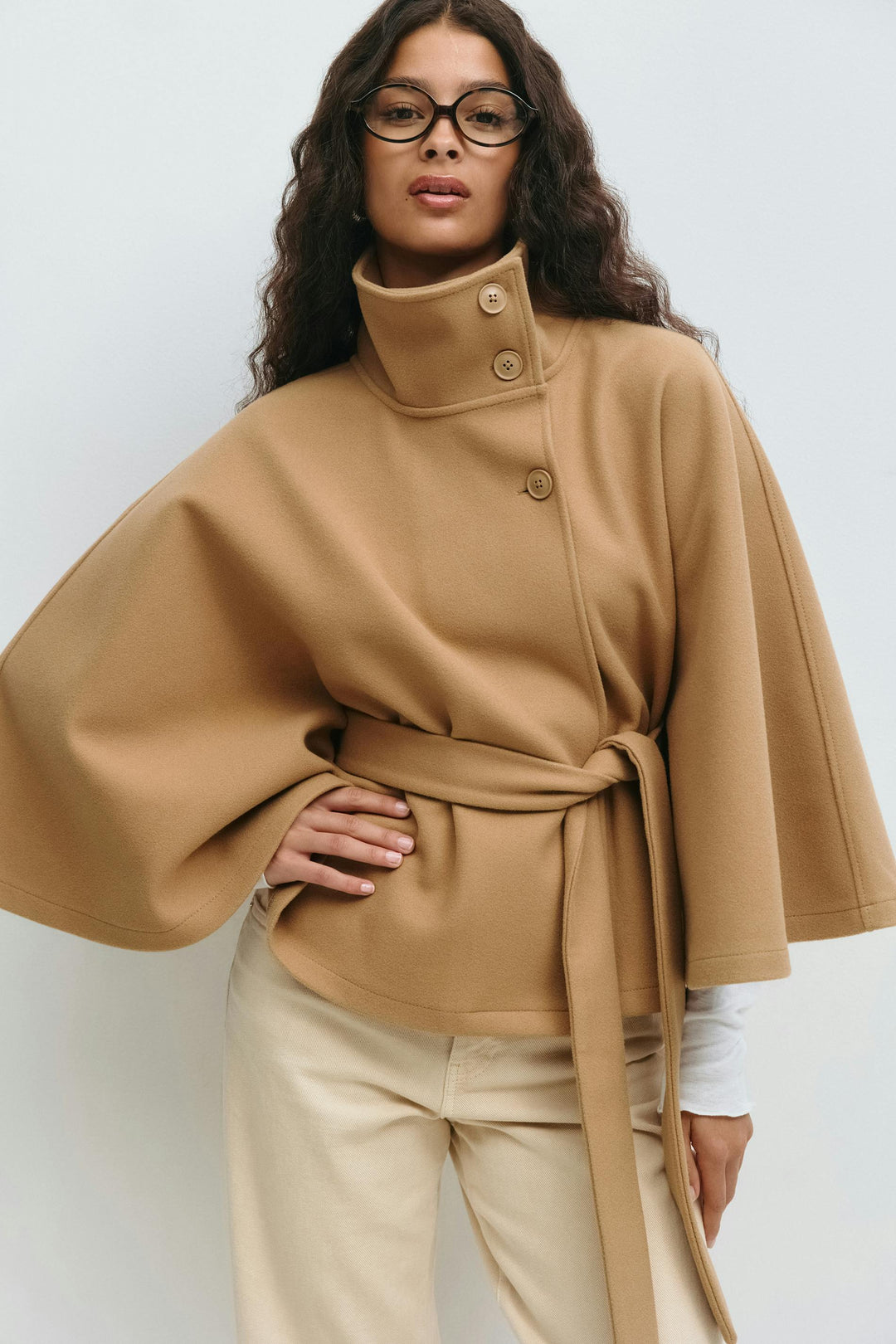 Women's Cape Coat with Stand Collar and Tie Belt - photo 8