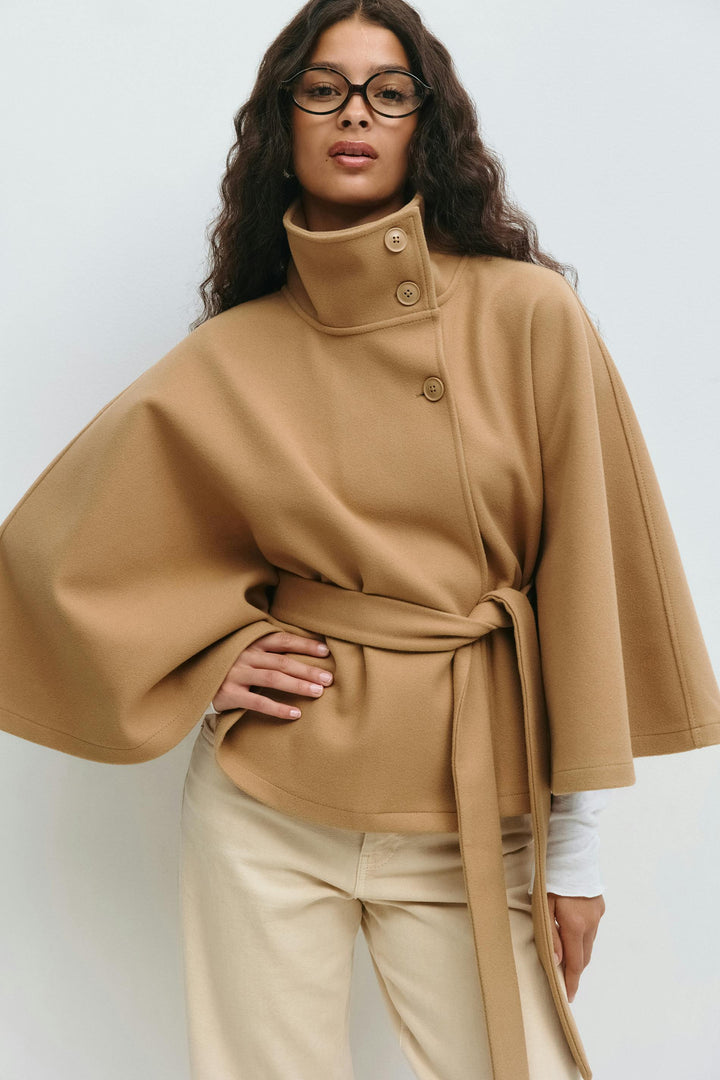 Women's Cape Coat with Stand Collar and Tie Belt - photo 8