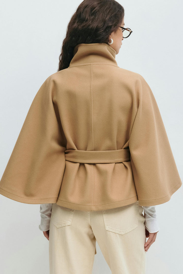 Women's Cape Coat with Stand Collar and Tie Belt - photo 9
