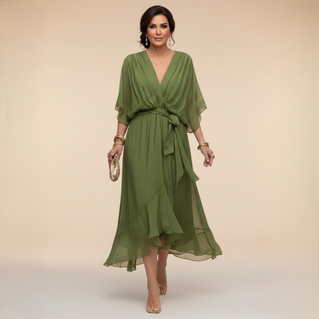 Women's Chiffon Midi Dress with V Neck and Belt - photo 1