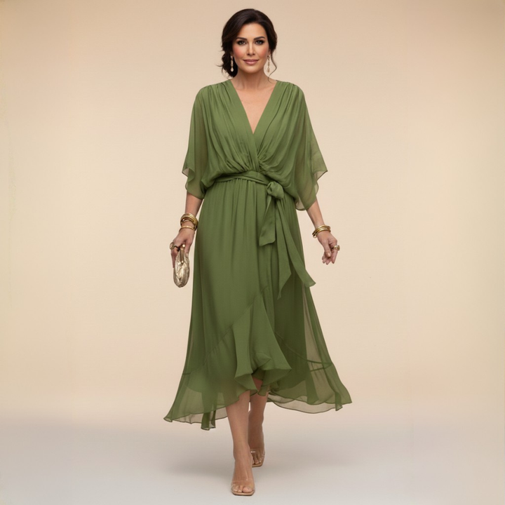 Women's Chiffon Midi Dress with V Neck and Belt - photo 1