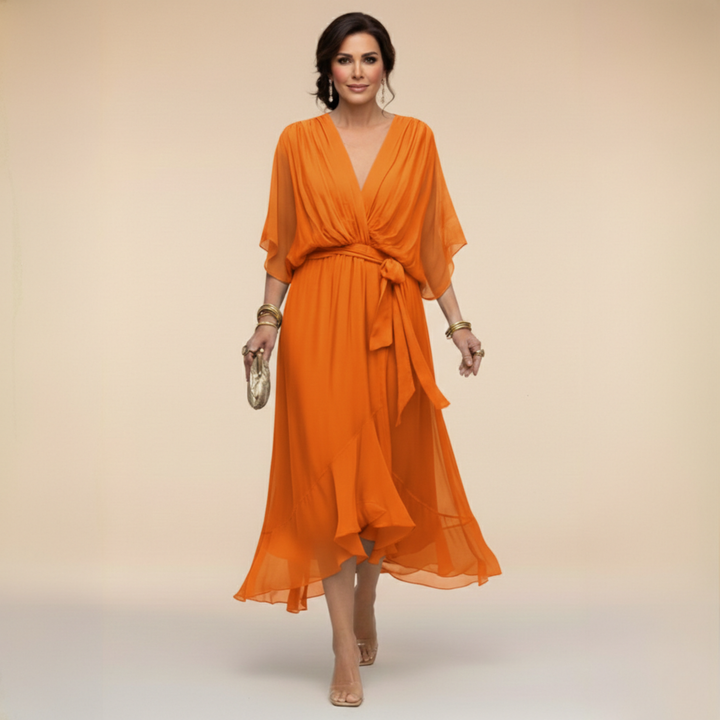 Women's Chiffon Midi Dress with V Neck and Belt - photo 10
