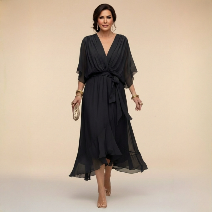 Women's Chiffon Midi Dress with V Neck and Belt - photo 2