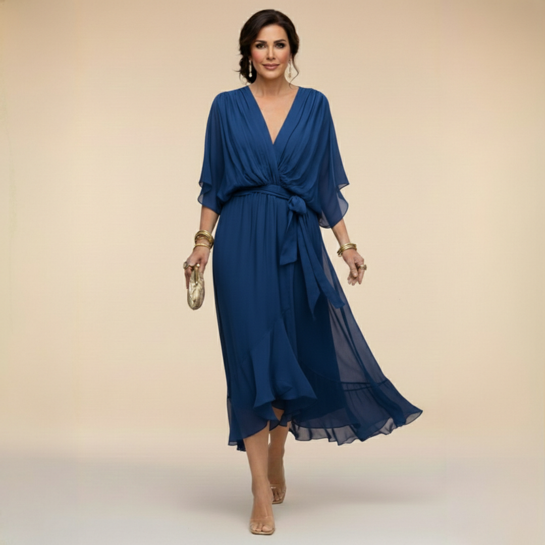 Women's Chiffon Midi Dress with V Neck and Belt - photo 3