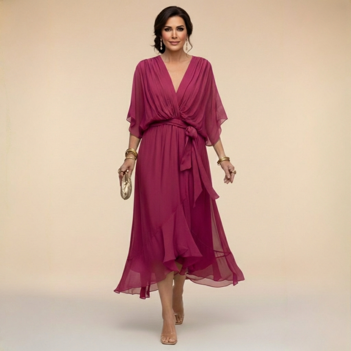 Women's Chiffon Midi Dress with V Neck and Belt - photo 4