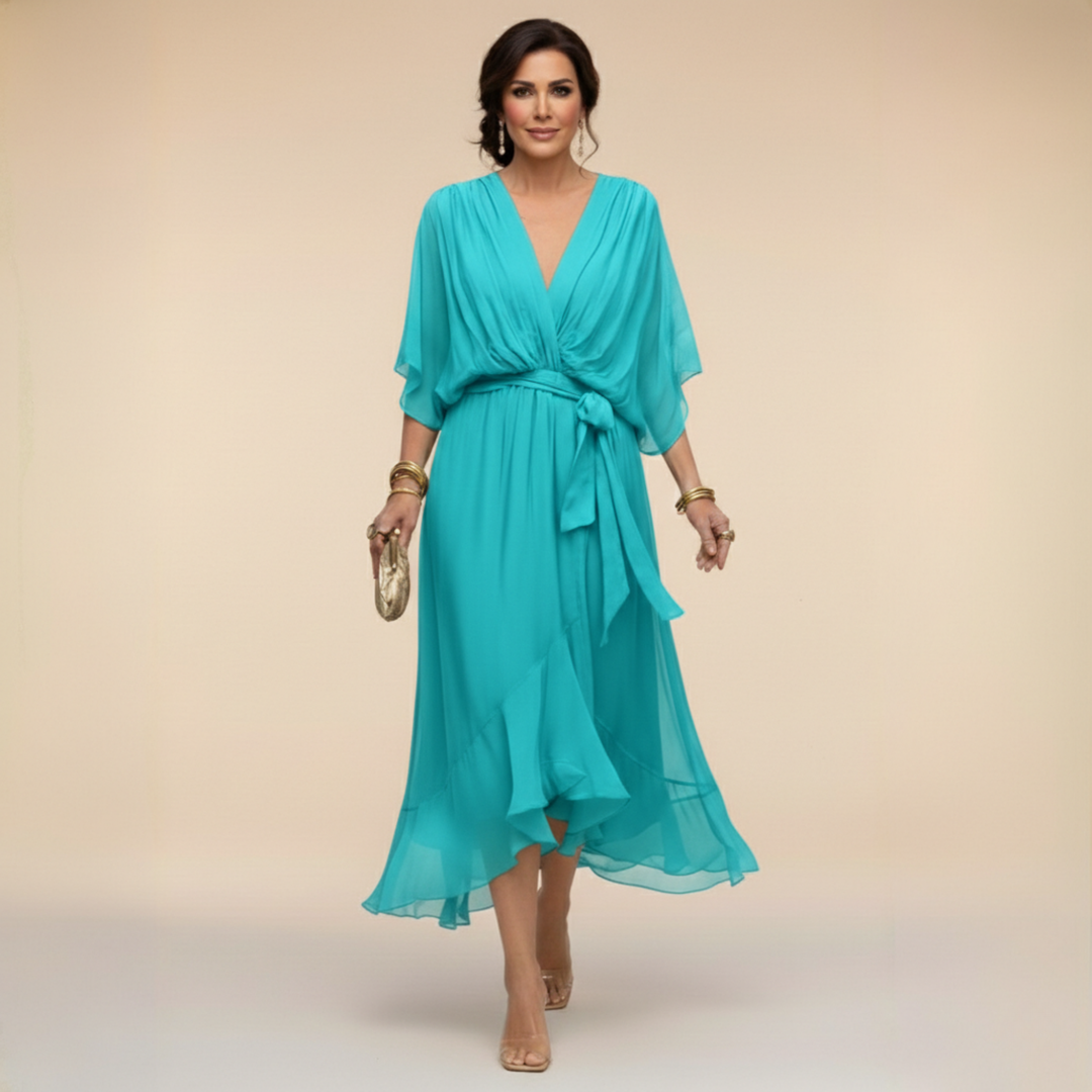 Women's Chiffon Midi Dress with V Neck and Belt - photo 5