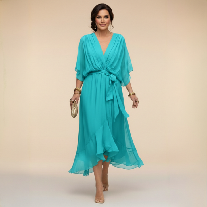 Women's Chiffon Midi Dress with V Neck and Belt - photo 5