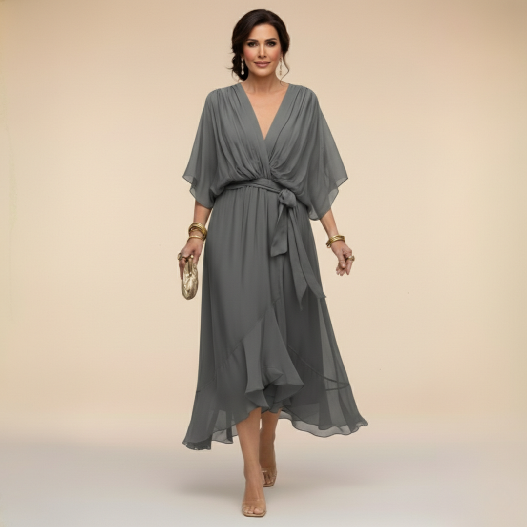 Women's Chiffon Midi Dress with V Neck and Belt - photo 6