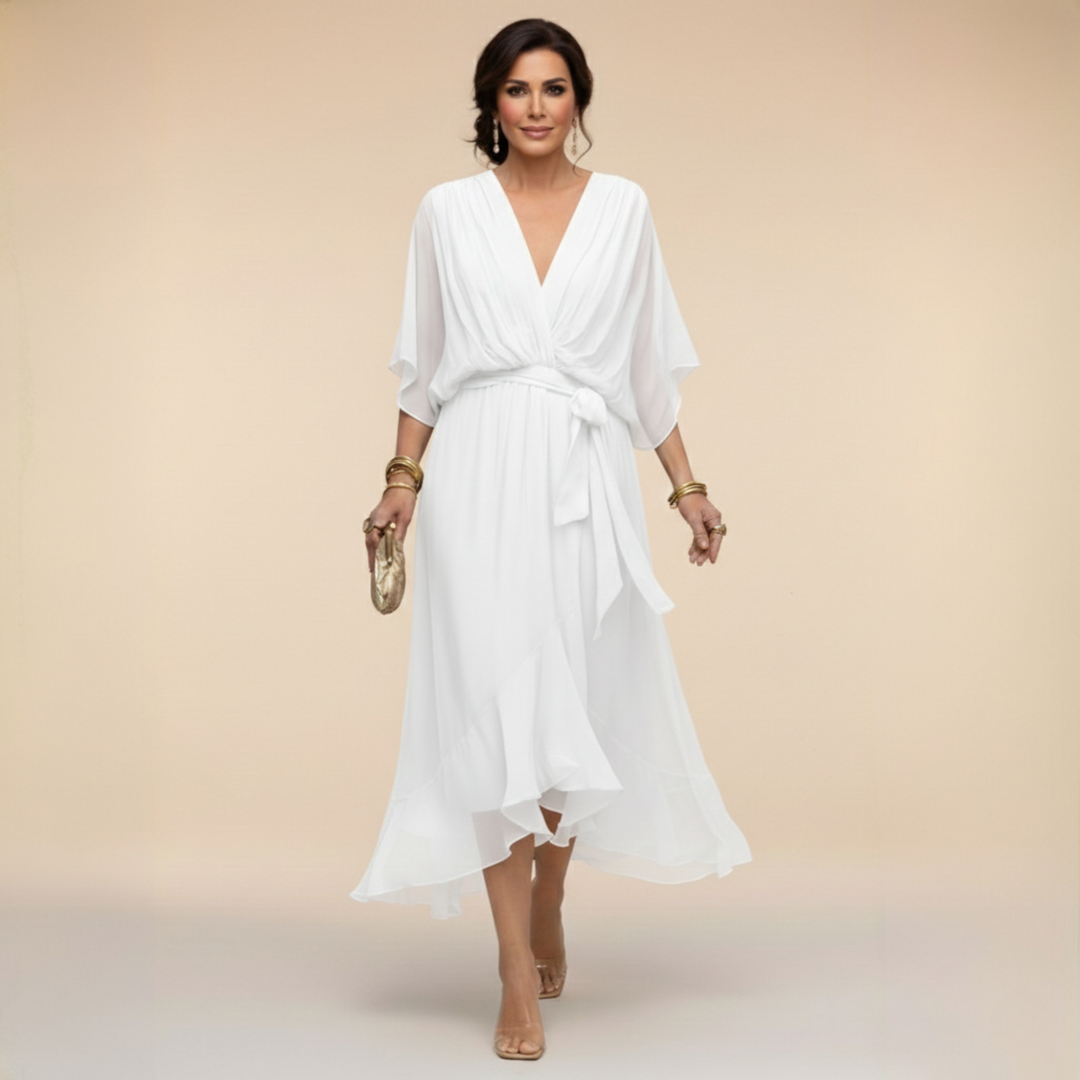 Women's Chiffon Midi Dress with V Neck and Belt - photo 7